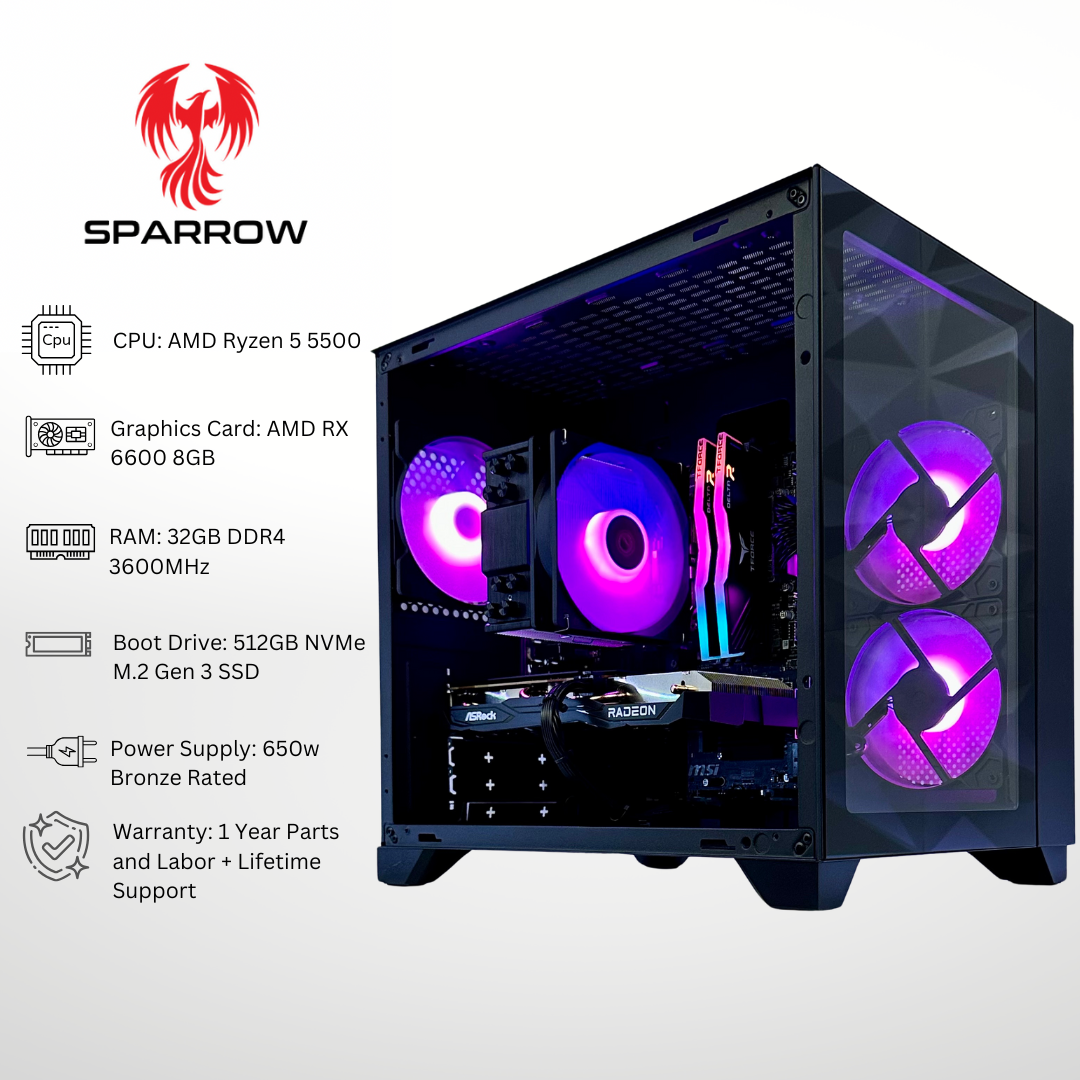 Sparrow - AMD RX 6600 Ryzen 5 5500 32GB RAM 512GB SSD DDR4 RGB