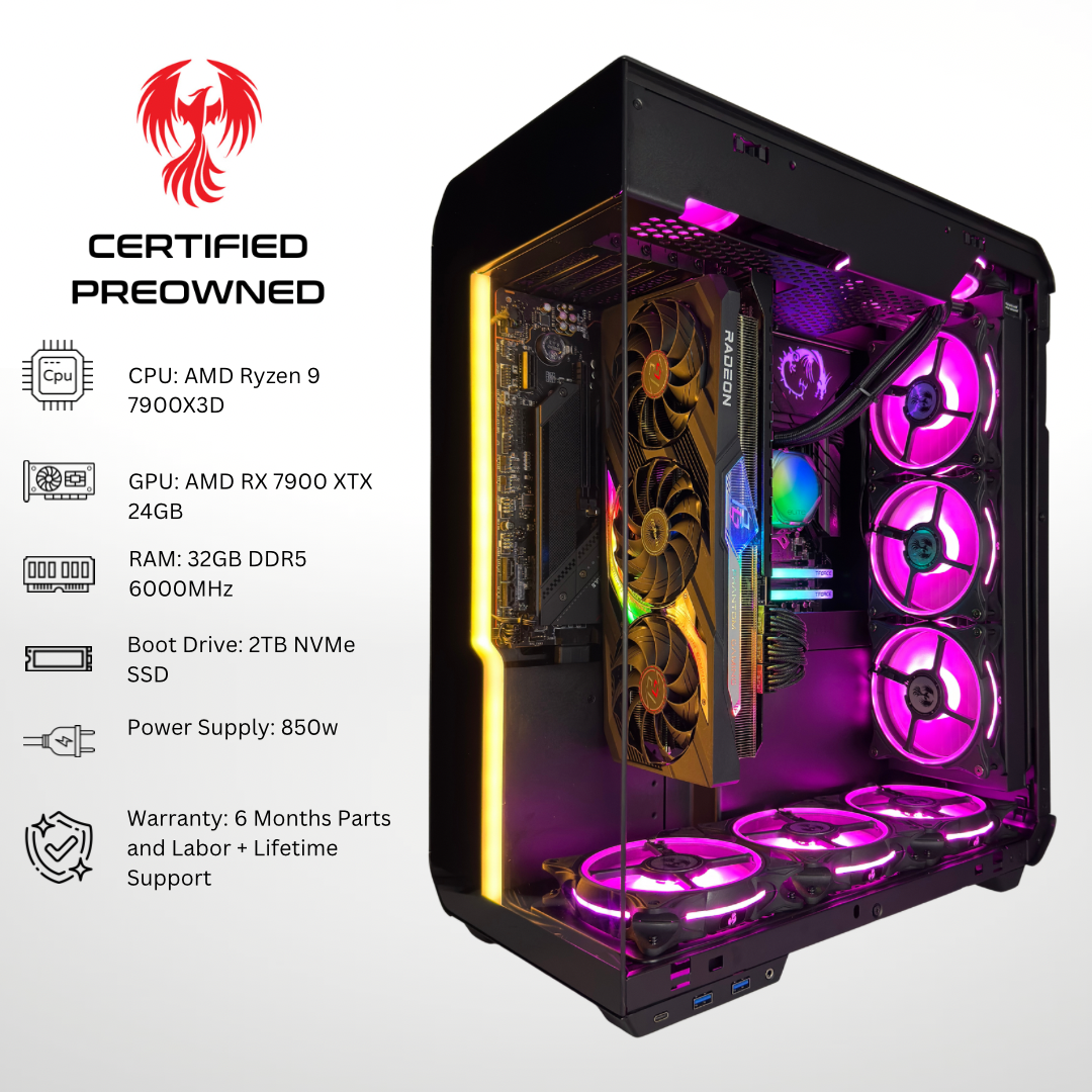 Certified Pre Owned Phoenix - AMD RX 7900 XTX Ryzen 9 7900X3D 32GB DDR5 RAM 2TB SSD RGB Gaming PC