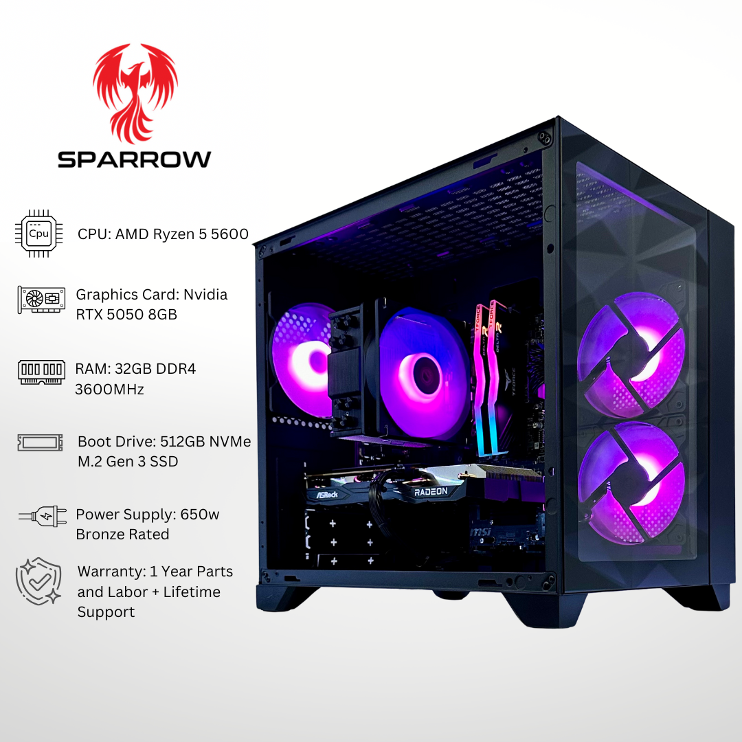 Sparrow - Nvidia RTX 5050 Ryzen 5 5600 32GB DDR4 RAM 512GB SSD RGB Gaming PC