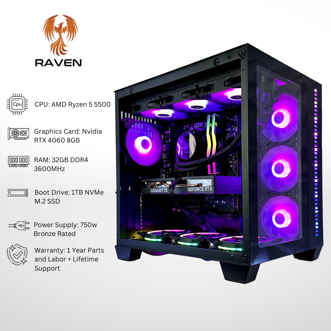 Raven RTX 4060 AMD Ryzen 5500 32GB RAM 1TB SSD RGB Gaming PC – Flying  Phoenix PCs
