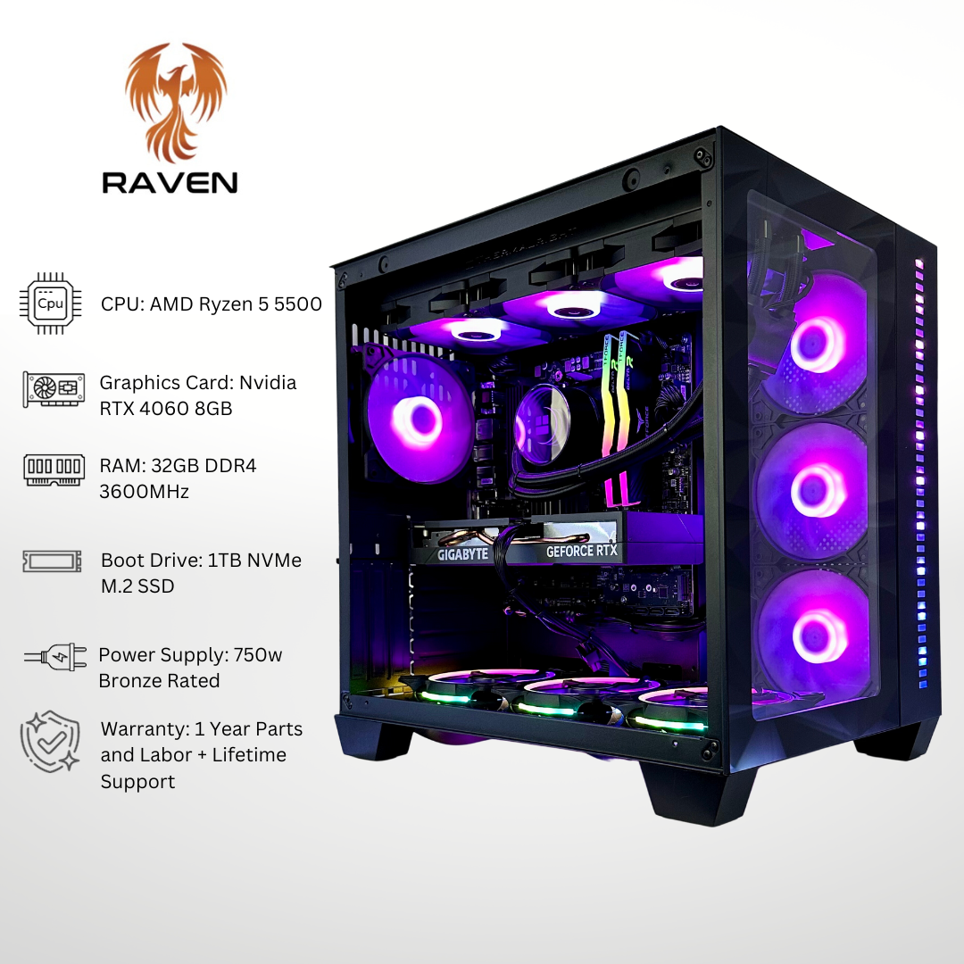 Raven RTX 4060 AMD Ryzen 5500 32GB RAM 1TB SSD RGB Gaming PC