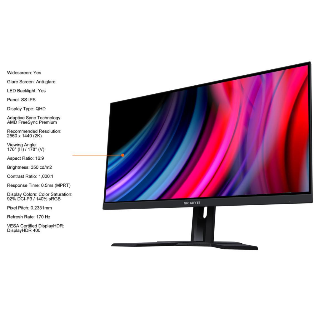 GIGABYTE 27" UltraGear, 2560x1440, 170Hz, Freesync Premium, KVM Switch, Gaming Monitor