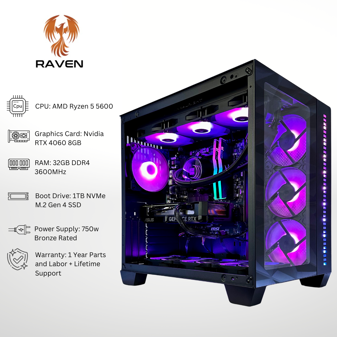 Raven RTX 4060 AMD Ryzen 5 5600 32GB RAM 1TB SSD DDR4 RGB Gaming PC Flying Phoenix PCs