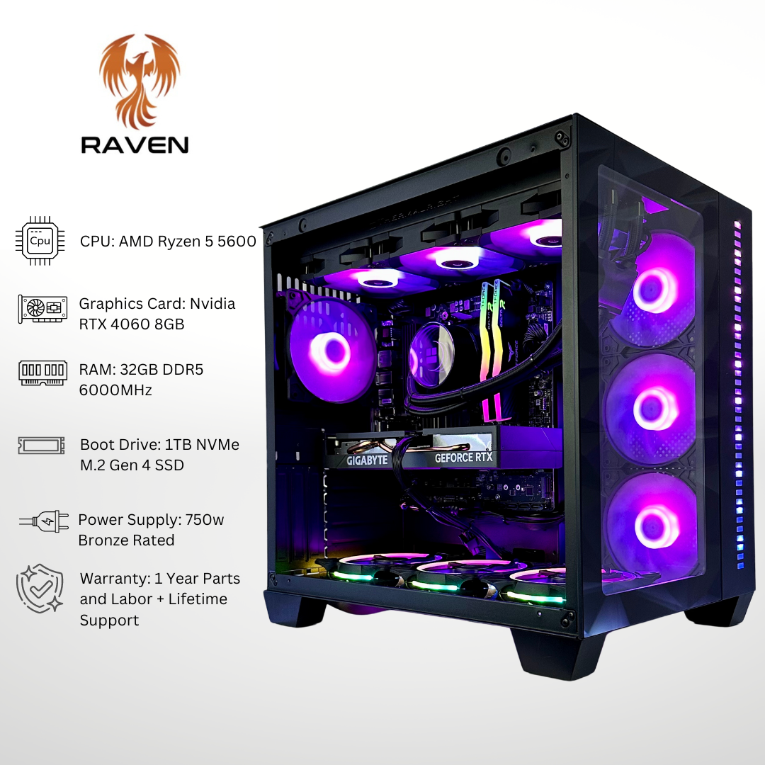 Raven RTX 4060 AMD Ryzen 5 5600 32GB RAM 1TB SSD DDR4 RGB Gaming 