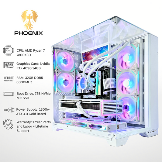 White Phoenix Plus RTX 4090 AMD Ryzen 7 7800X3D 64GB RAM 2TB SSD RGB Gaming PC
