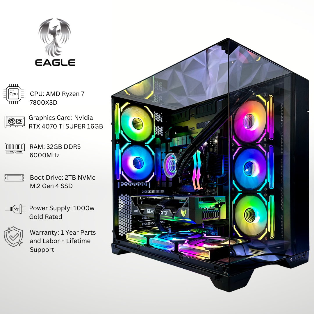 Eagle Plus RTX 4070 Ti Super AMD Ryzen 7 7800X3D 32GB RAM 2TB SSD DDR5 RGB  Gaming PC