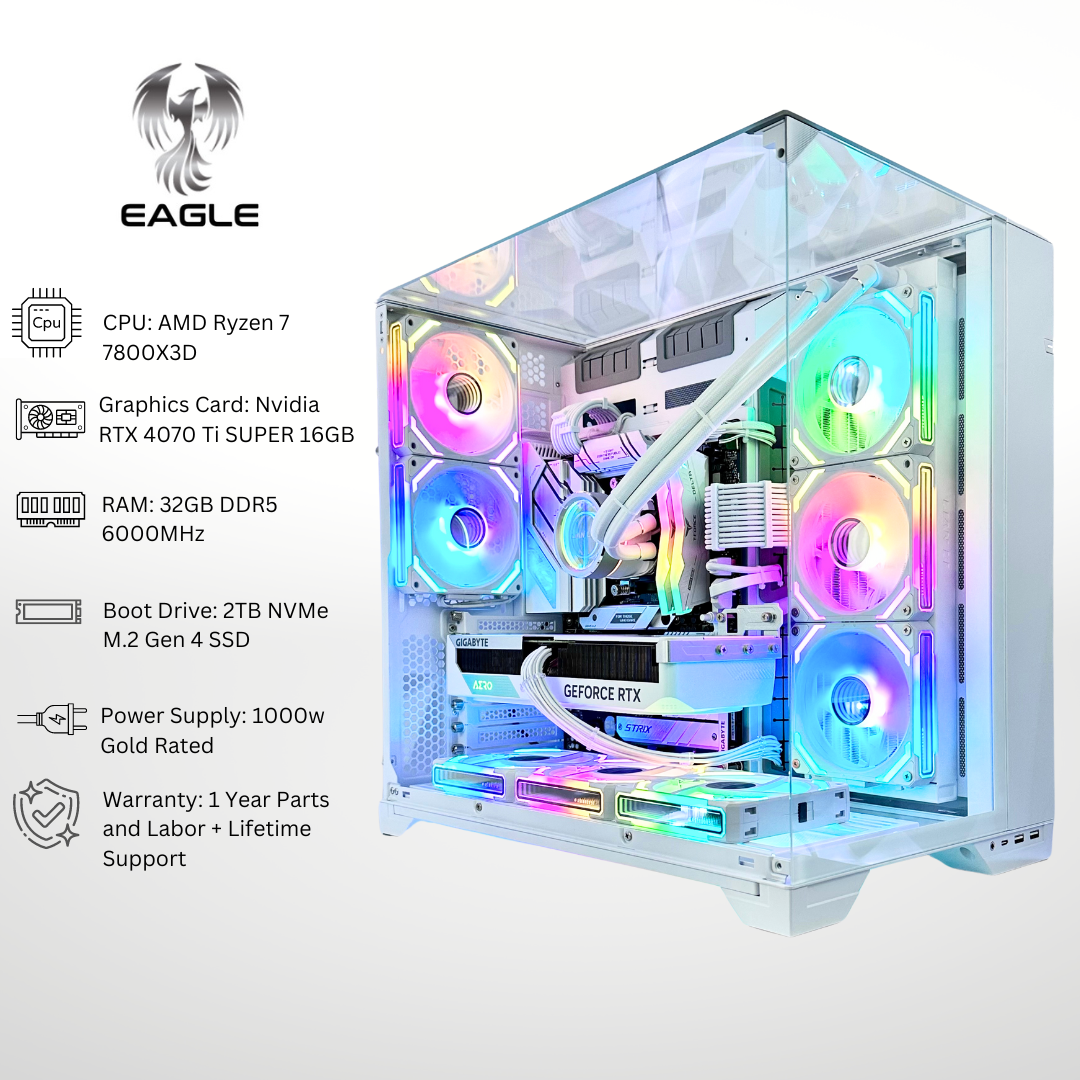 White Eagle Plus RTX 4070 Ti Super AMD Ryzen 7 7800X3D 32GB RAM 2TB SSD  DDR5 RGB Gaming PC