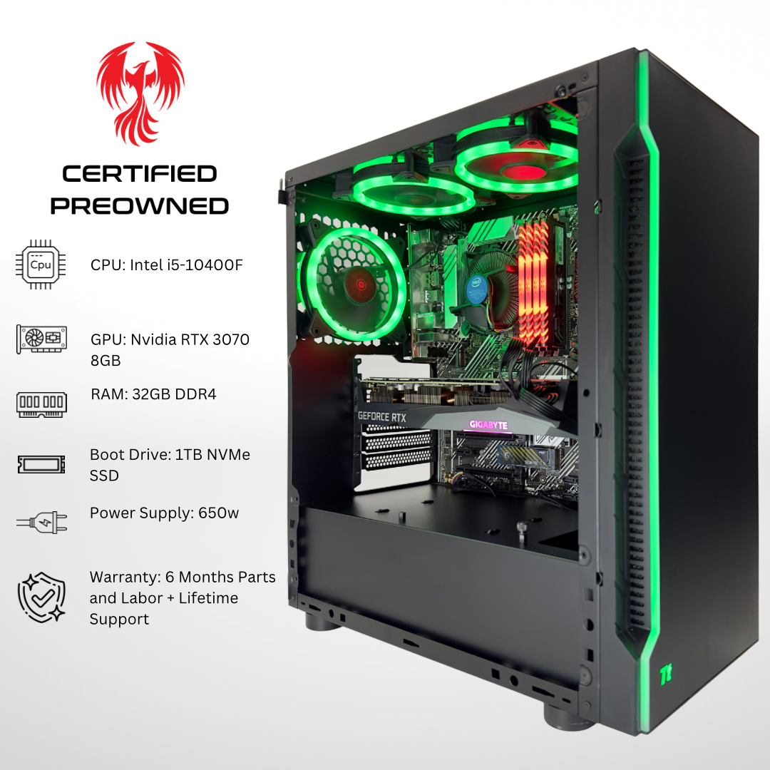 Certified Pre Owned Sparrow - Nvidia RTX 3070 Intel i5-10400F 32GB DDR4 RAM 1TB SSD RGB Gaming PC