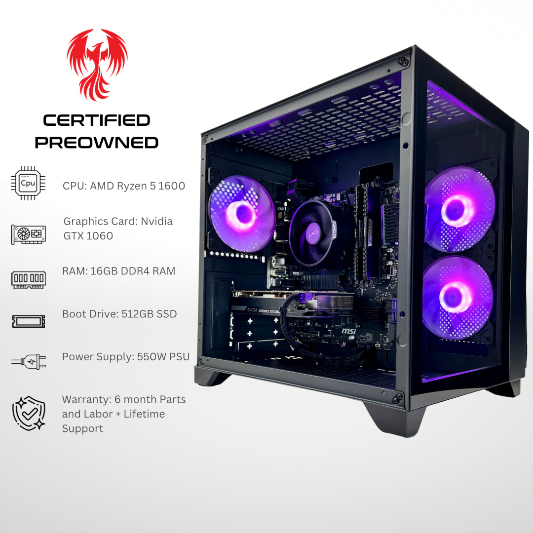 Certified Pre Owned Sparrow - Nvidia GTX 1060 Ryzen 5 1600 16GB RAM 512GB SSD DDR4 RGB Gaming PC
