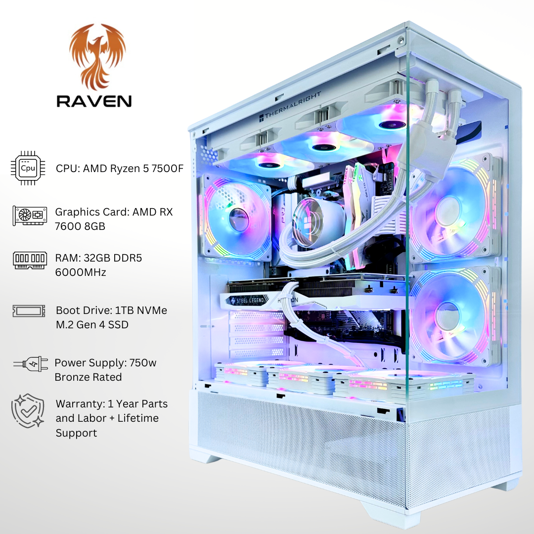 White Raven - AMD RX 7600 Ryzen 5 7500F 32GB RAM 1TB SSD DDR5 RGB Gaming PC