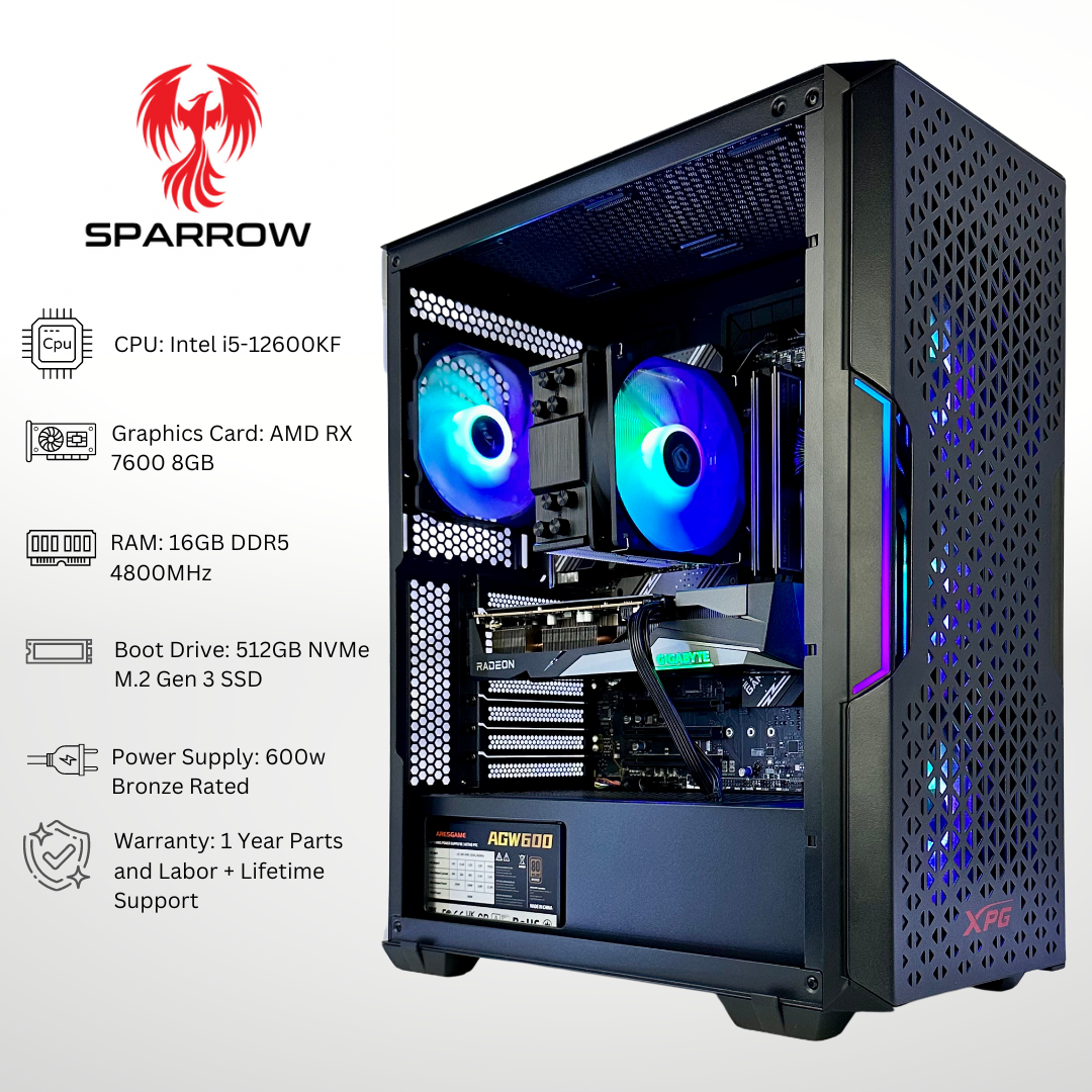 Sparrow Plus - AMD RX 7600 Intel i5-12600KF 16GB RAM 512GB SSD DDR5 RGB  Gaming PC