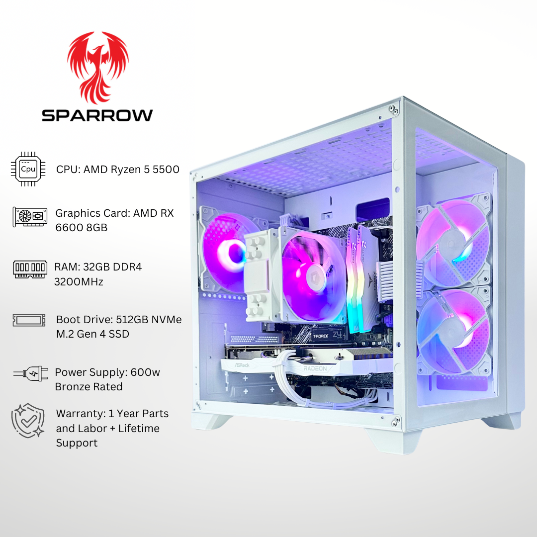 White Sparrow - AMD RX 6600 Ryzen 5 5500 32GB RAM 512GB SSD DDR4 RGB Gaming  PC