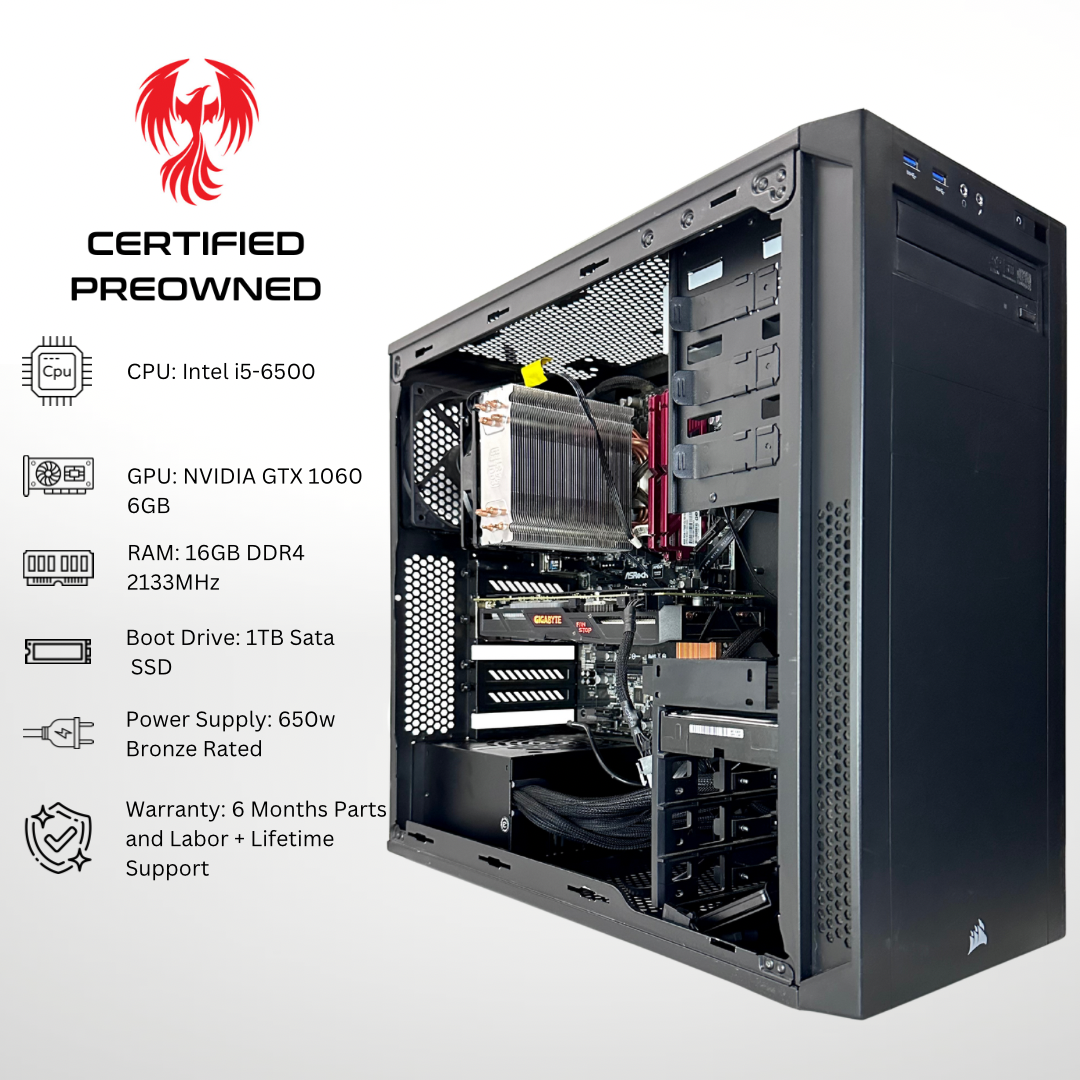 Certified Pre Owned Sparrow - NVIDIA GTX 1060 Intel i5-6500 16GB DDR4 RAM 1TB SSD Gaming PC