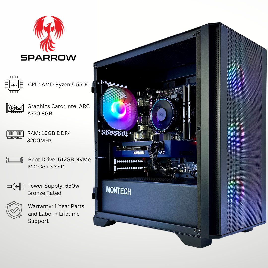 Sparrow - Intel Arc A750 Intel i5-12400F 16GB RAM 512GB SSD DDR4 RGB Gaming PC