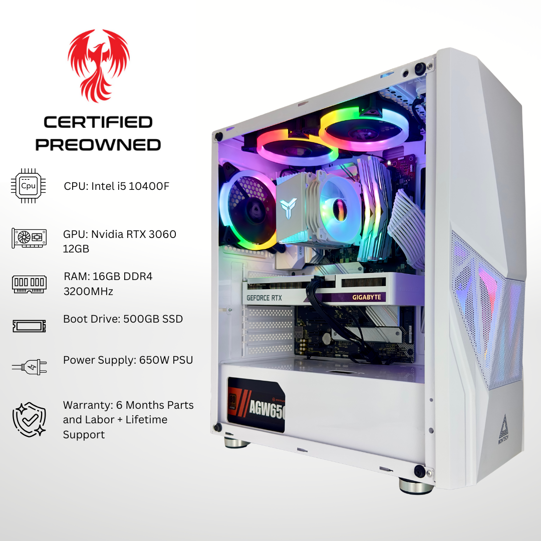 Certified Pre Owned Sparrow - NVIDIA RTX 3060 Intel i5 10400F 16GB DDR4 RAM 500GB SSD RGB Gaming PC