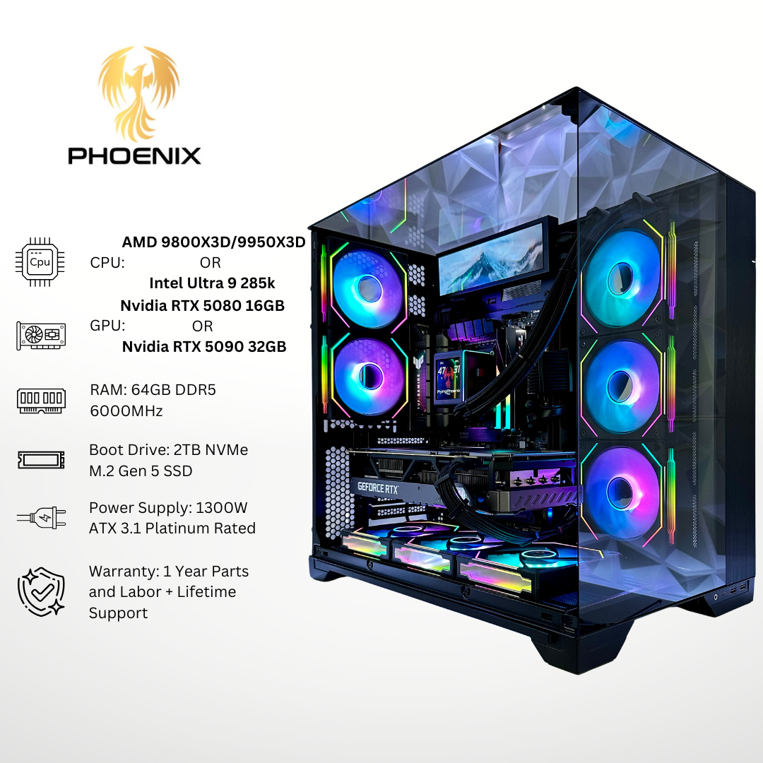 Phoenix Plus - Nvidia RTX 5080/5090 64GB DDR5 RAM 2TB Gen 5 SSD RGB Gaming PC (8.8" LCD Screen)