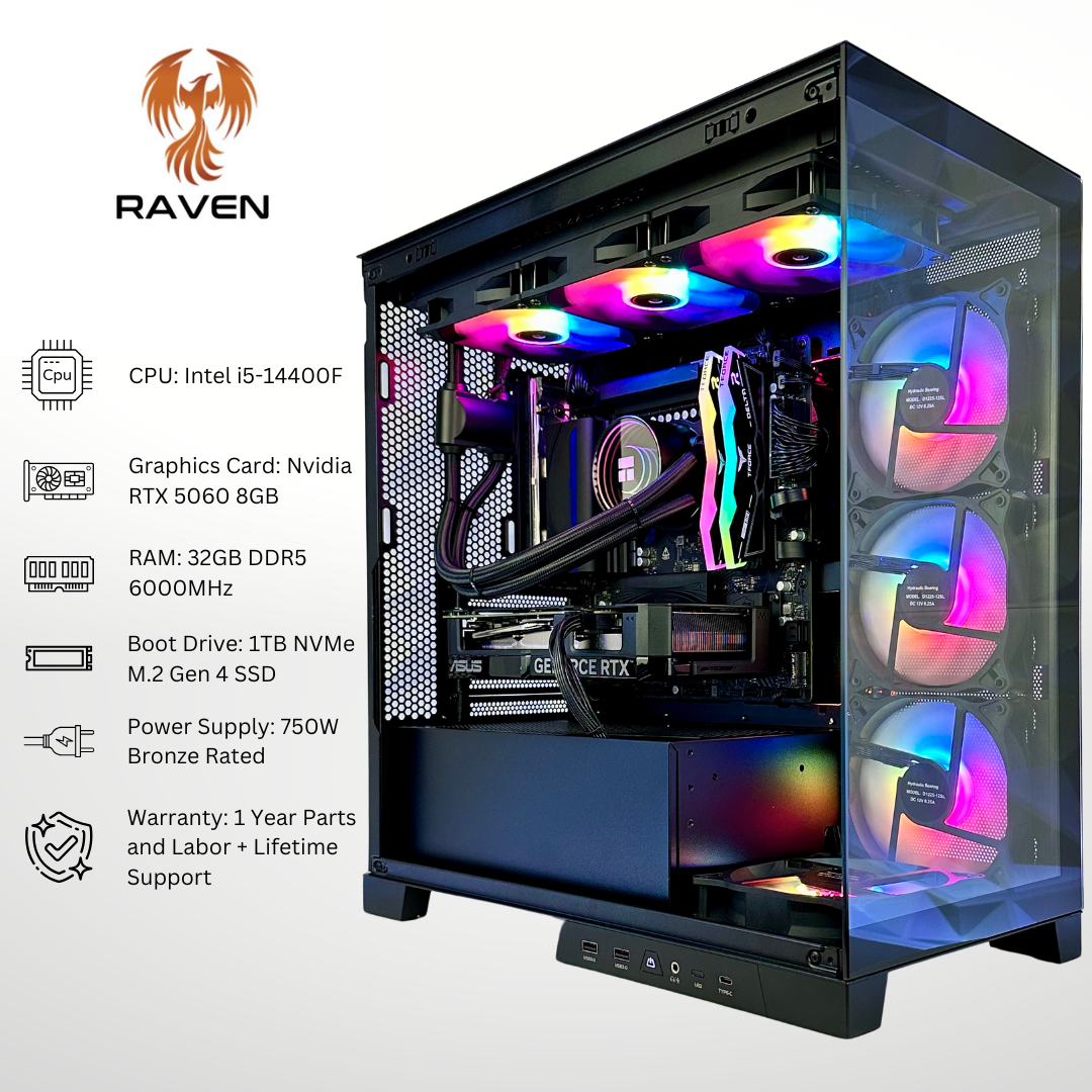 Raven - Nvidia RTX 5060 Intel i5-14400F 32GB RAM 1TB SSD DDR5 RGB Gaming PC