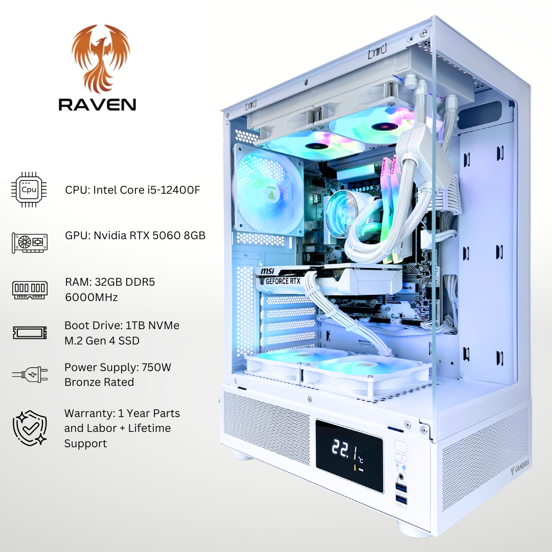 White Raven - Nvidia RTX 5060 Intel i5-12400F 32GB DDR5 RAM 1TB SSD RGB Gaming PC