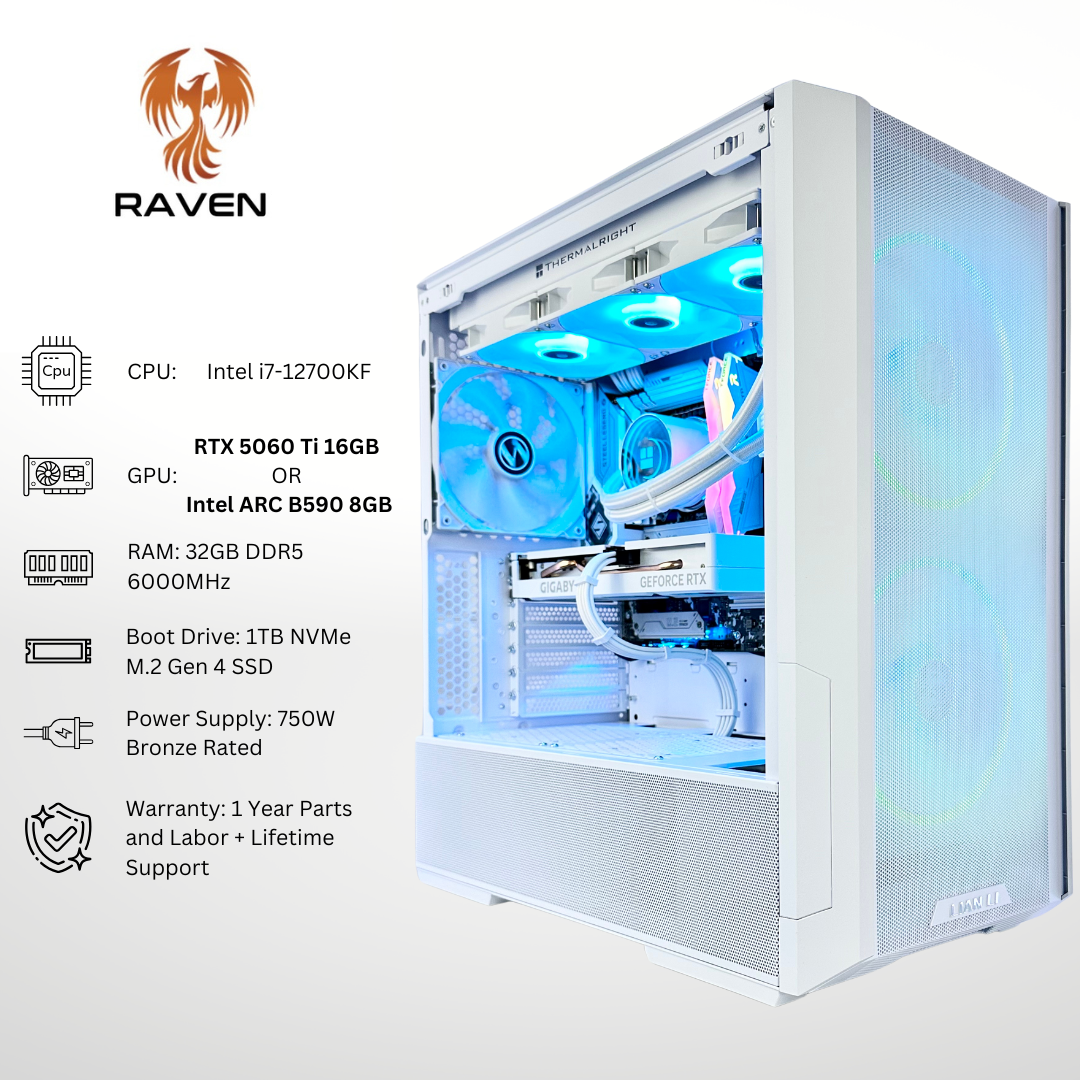 White Raven Plus - Nvidia 5060 Ti/Intel ARC B580 i7-12700KF 32GB RAM 1TB SSD DDR5 RGB Gaming PC