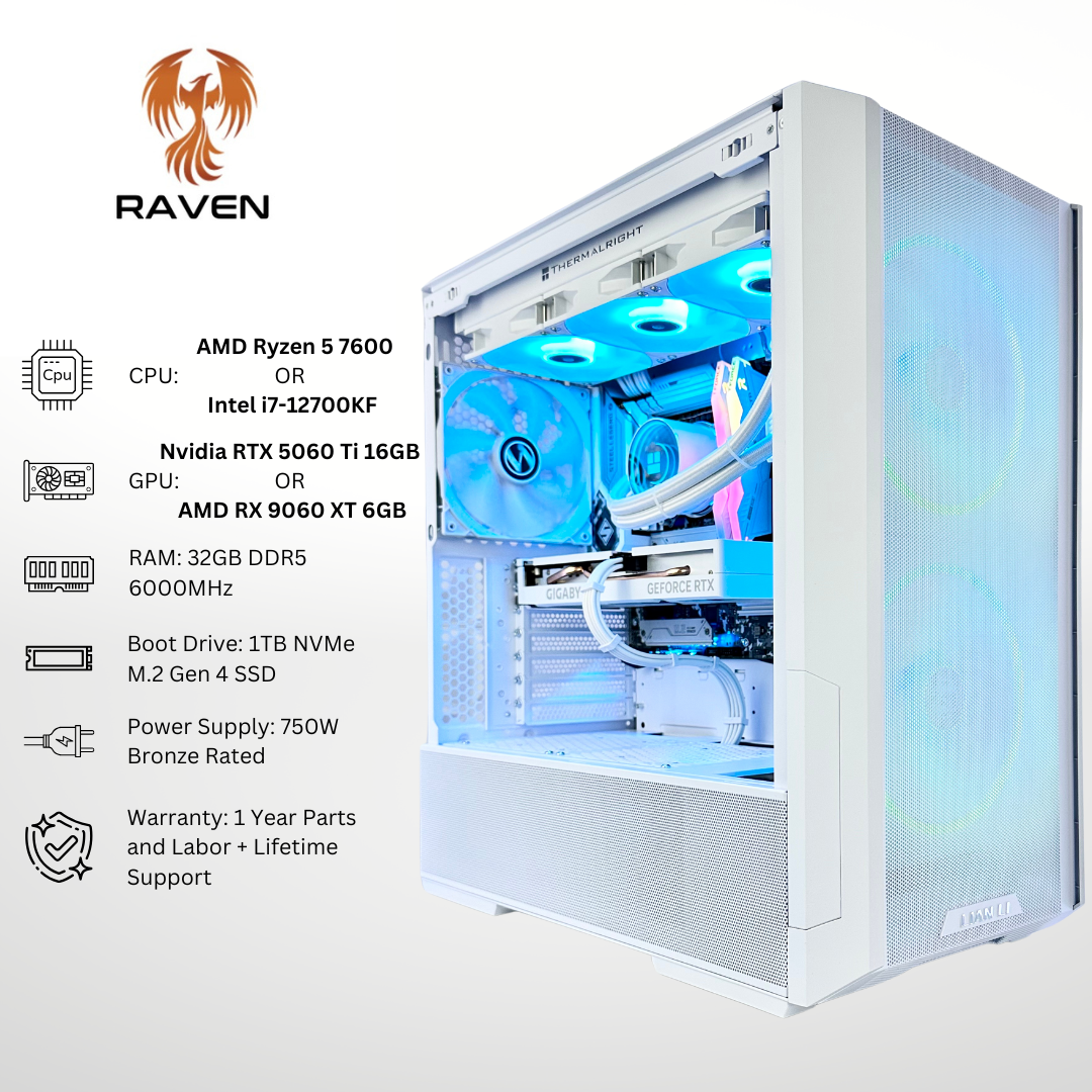 White Raven Plus - Nvidia RTX 5060 Ti/AMD RX 9060 XT 32GB DDR5 RAM 1TB SSD RGB Gaming PC