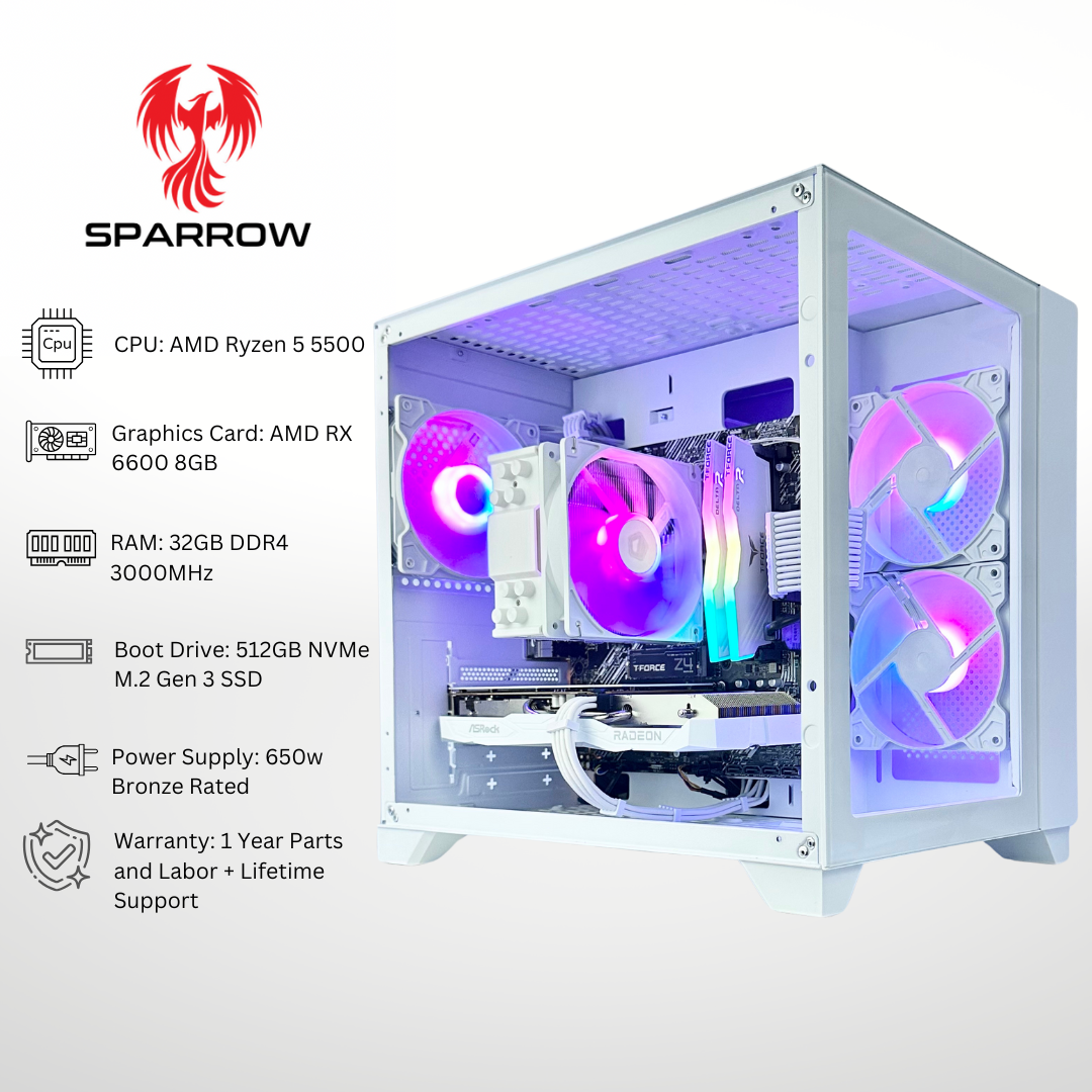 White Sparrow - AMD RX 6600 Ryzen 5 5500 32GB RAM 512GB SSD DDR4 RGB Gaming PC