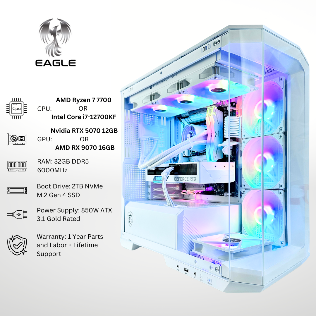 White Eagle - Nvidia RTX 5070/AMD RX 9070 32GB RAM 2TB SSD DDR5 RGB Gaming PC