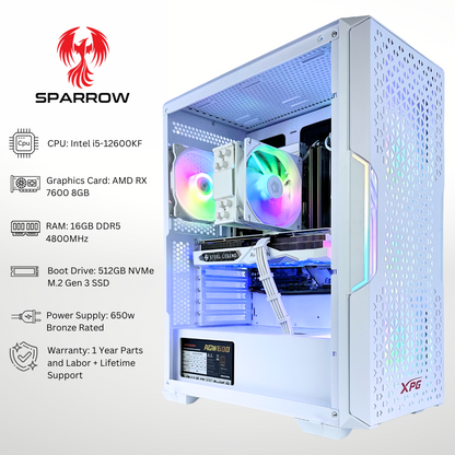 White Sparrow Plus - AMD RX 7600 Intel i5-12600KF 16GB RAM 512GB SSD DDR5 RGB Gaming PC