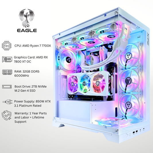 White Eagle - AMD RX 7800 XT Ryzen 7 7700X 32GB RAM 2TB SSD DDR5 RGB Gaming PC