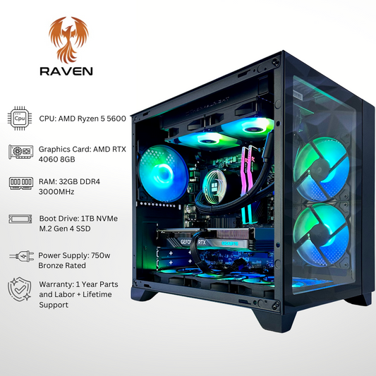 Raven - RTX 4060 AMD Ryzen 5 5600 32GB RAM 1TB SSD DDR4 RGB Gaming PC