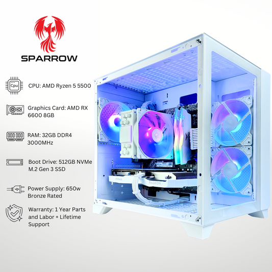 White Sparrow - AMD RX 6600 Ryzen 5 5500 32GB RAM 512GB SSD DDR4 RGB Gaming PC