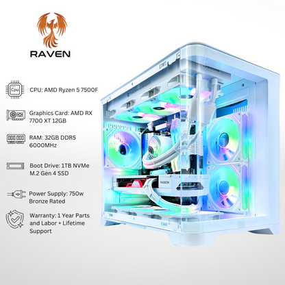 White Raven Plus - AMD 7700 XT Ryzen 5 7500F 32GB RAM 1TB SSD DDR5 RGB Gaming PC