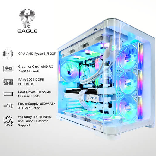 White Eagle - AMD 7800 XT Ryzen 5 7500F 32GB RAM 2TB SSD DDR5 RGB Gaming PC