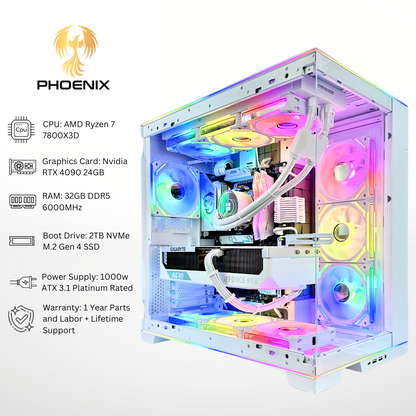 White Phoenix Plus - RTX 4090 AMD Ryzen 7 7800X3D 32GB RAM 2TB SSD DDR5 RGB Gaming PC