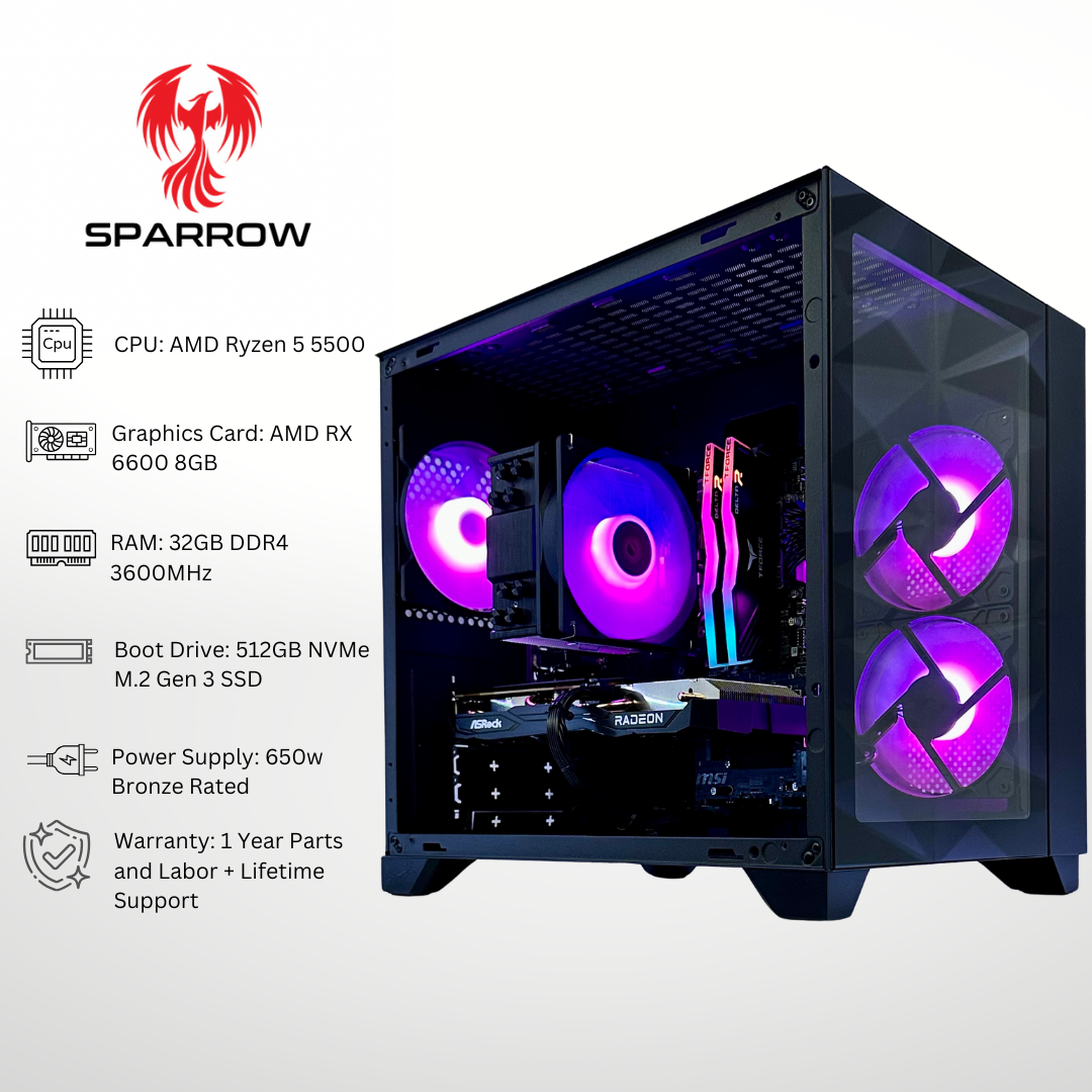 Sparrow - AMD RX 6600 Ryzen 5 5500 32GB RAM 512GB SSD DDR4 RGB Gaming PC