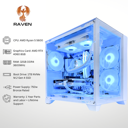 White Raven - RTX 4060 AMD Ryzen 5 5600 32GB RAM 1TB SSD DDR4 RGB Gaming PC