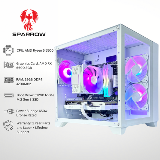 White Sparrow - AMD RX 6600 Ryzen 5 5500 32GB RAM 512GB SSD DDR4 RGB Gaming PC