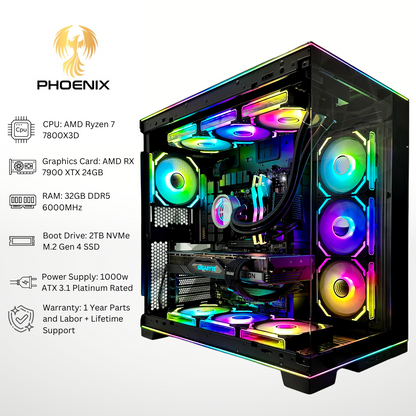 Phoenix - AMD RX 7900 XTX Ryzen 7 7800X3D 32GB RAM 2TB SSD DDR5 RGB Gaming PC