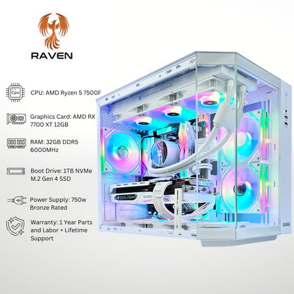 White Raven Plus - AMD 7700 XT Ryzen 5 7500F 32GB RAM 1TB SSD DDR5 RGB Gaming PC