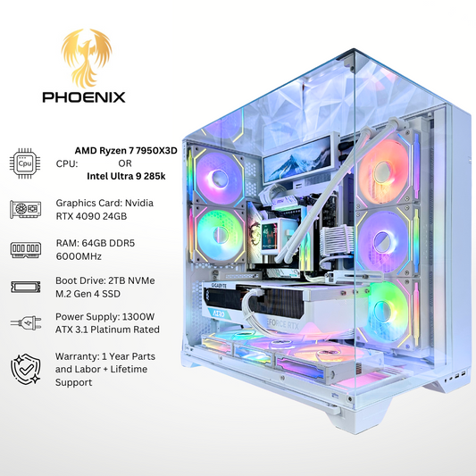 White Phoenix Plus - RTX 4090 64GB RAM 2TB SSD DDR5 RGB Gaming PC (8.8" LCD Screen)