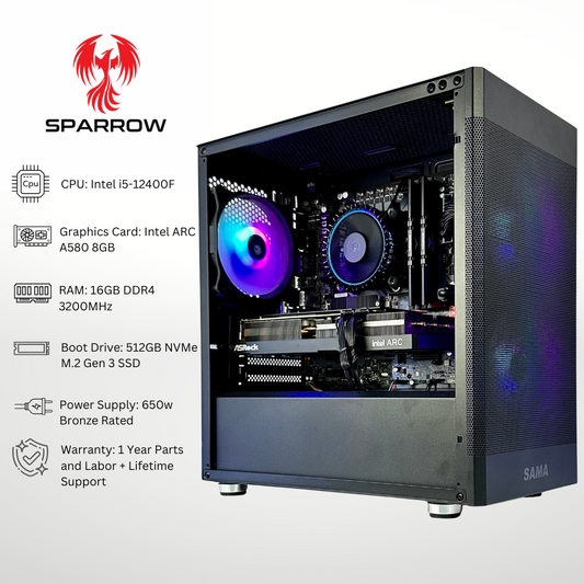 Sparrow - Intel Arc A580 Intel i5-12400F 16GB RAM 512GB SSD DDR4 RGB Gaming PC