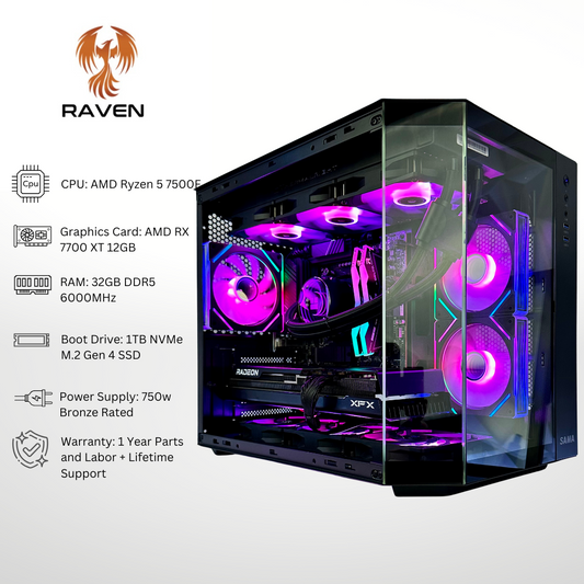 Raven Plus - AMD RX 7700 XT Ryzen 5 7500F 32GB RAM 1TB SSD DDR5 RGB Gaming PC