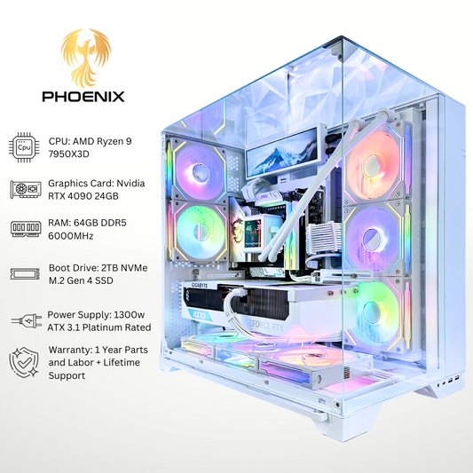 White Phoenix Plus - RTX 4090 AMD Ryzen 9 7950X3D 64GB RAM 2TB SSD DDR5 RGB Gaming PC (8.8" LCD Screen)