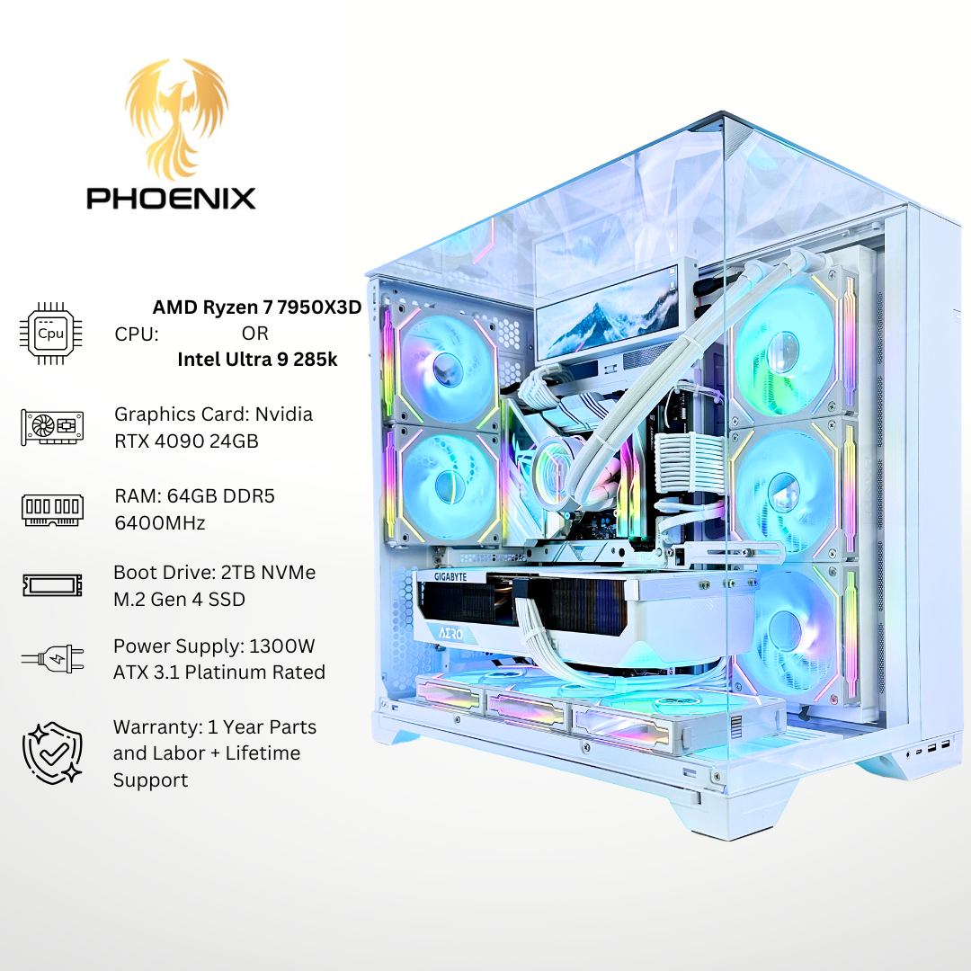 White Phoenix Plus - RTX 4090 64GB RAM 2TB SSD DDR5 RGB Gaming PC (8.8" LCD Screen)