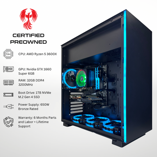 Certified Pre Owned Sparrow - NVIDIA GTX 1660 Super AMD Ryzen 5 3600X 32GB DDR4 RAM 1TB SSD RGB Gaming PC