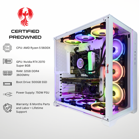 Certified Pre Owned Sparrow - NVIDIA RTX 2070 Super AMD Ryzen 5 5600X 32GB DDR4 RAM 500GB SSD RGB Gaming PC