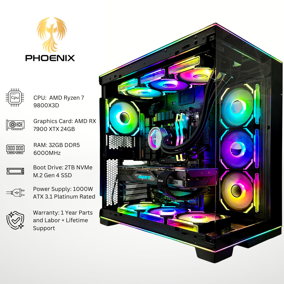 Phoenix - AMD RX 7900 XTX Ryzen 7 9800X3D 32GB RAM 2TB SSD DDR5 RGB Gaming PC