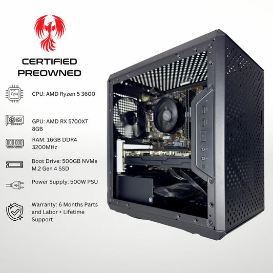 Certified Pre Owned Sparrow - AMD RX 5700 XT Ryzen 5 3600 16GB DDR4 RAM 500GB SSD Gaming PC