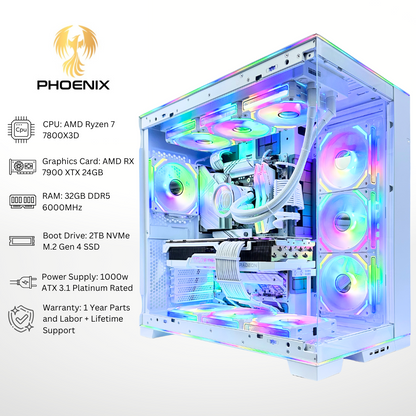 White Phoenix - AMD RX 7900 XTX Ryzen 7 7800X3D 32GB RAM 2TB SSD DDR5 RGB Gaming PC