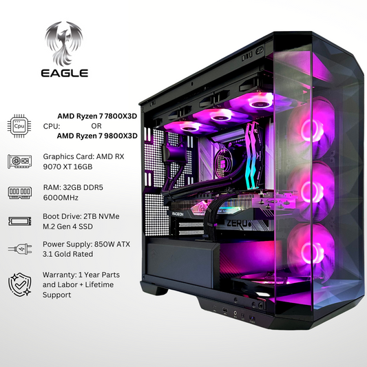Eagle Plus - AMD RX 9070 XT Ryzen 7 9800X3D/7800X3D 32GB RAM 2TB SSD DDR5 RGB Gaming PC