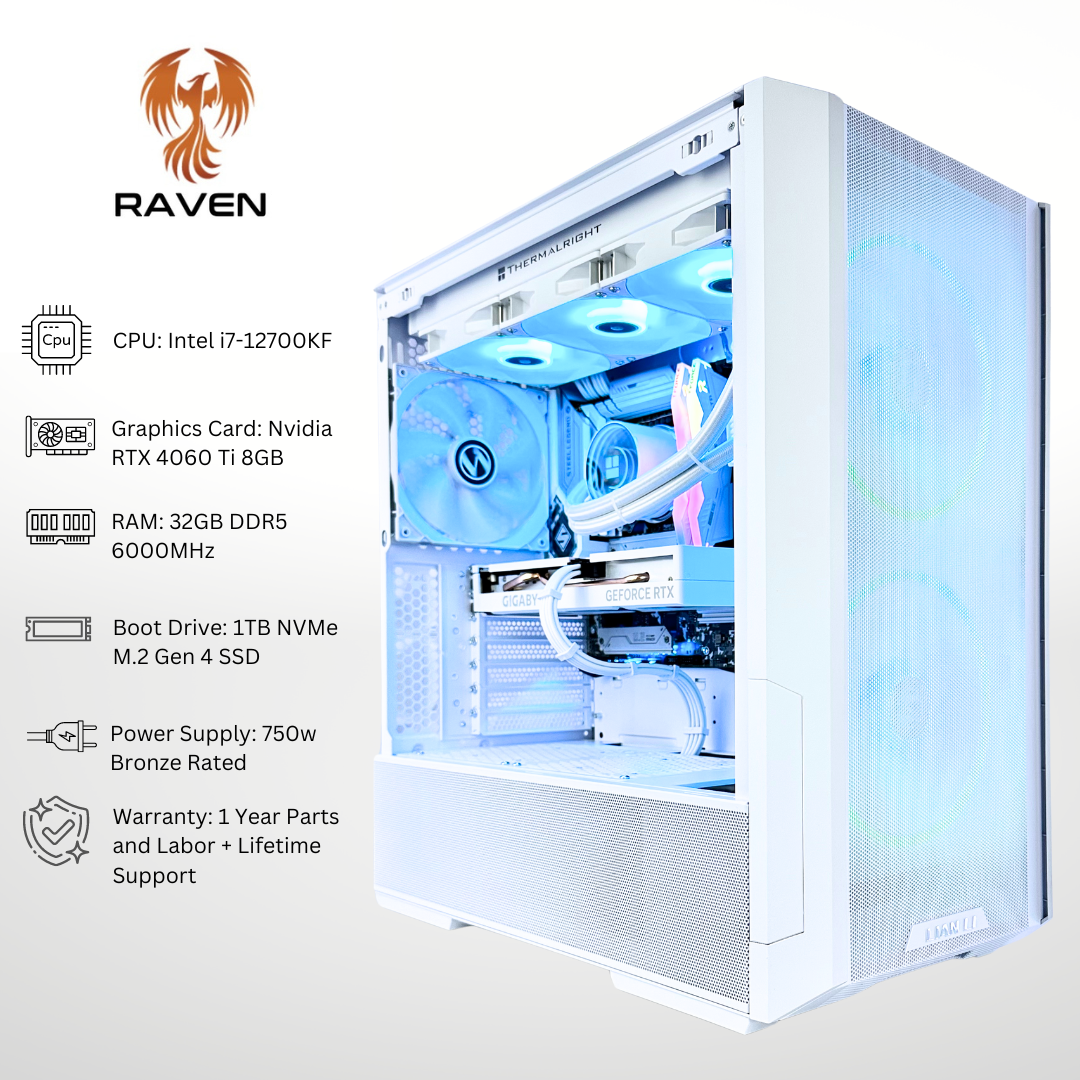 White Raven Plus RTX 4060 Ti Intel i7-12700KF 32GB RAM 1TB SSD DDR5 RGB Gaming PC